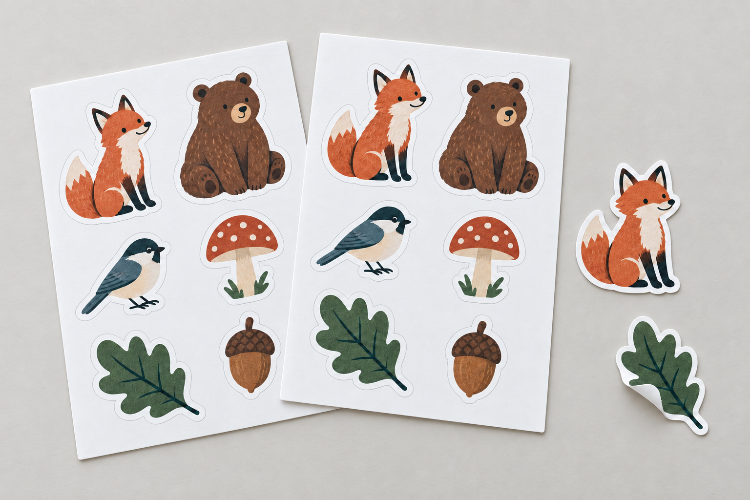 Two simple woodland sticker sheets and matching die-cut stickers — studio concept