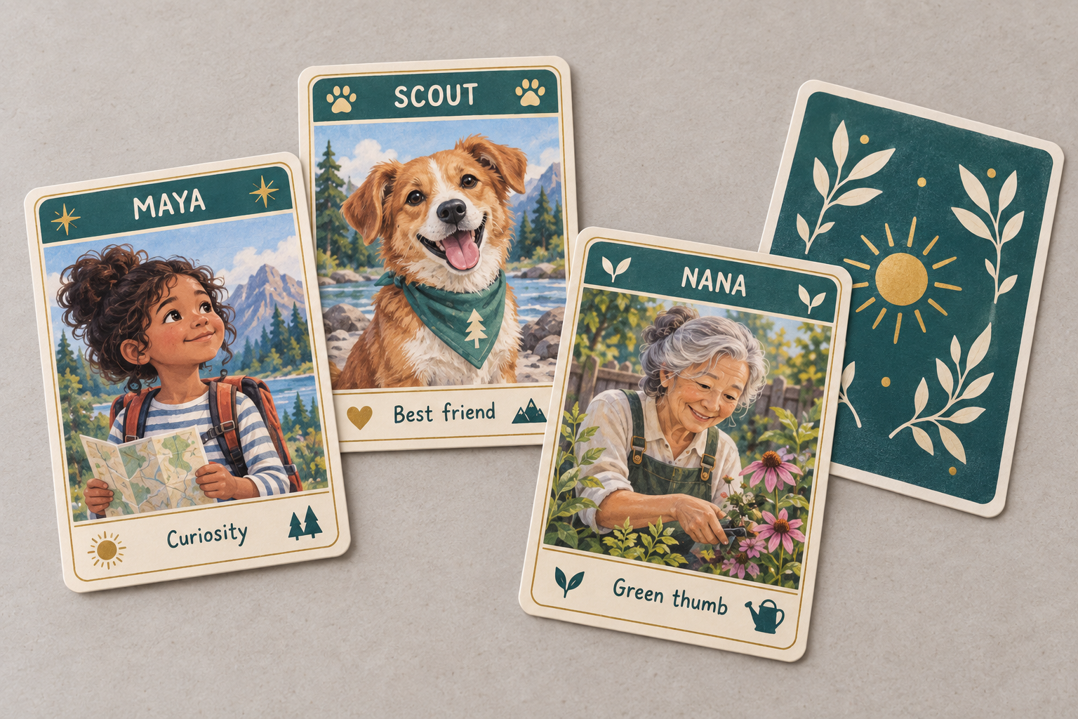 Rounded adventure cards with printed names, simple ability panels, and a botanical reverse — studio concept